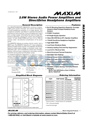 MAX9751EUI datasheet - 2.6W Stereo Audio Power Amplifiers and DirectDrive Headphone Amplifiers