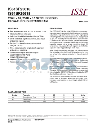 IS61SF25616 datasheet - 256K x 16, 256K x 18 SYNCHRONOUS FLOW-THROUGH STATIC RAM