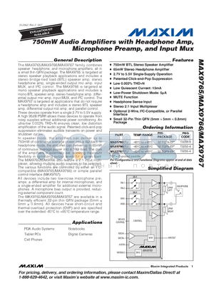 MAX9766ETJ datasheet - 750mW Audio Amplifiers with Headphone Amp, Microphone Preamp, and Input Mux