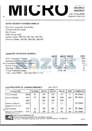 MG139A datasheet - 0.39 SINGLE DIGIT NUMERIC DISPLAYS