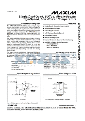 MAX976ESA datasheet - Single/Dual/Quad, SOT23, Single-Supply, High-Speed, Low-Power Comparators