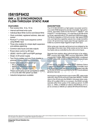 IS61SF6432-10TQI datasheet - 64K x 32 SYNCHRONOUS FLOW-THROUGH STATIC RAM