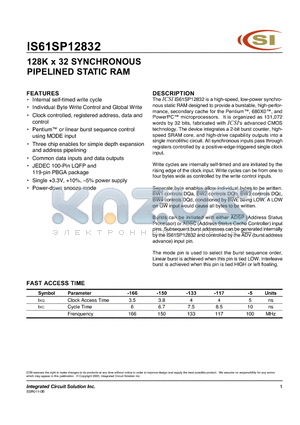 IS61SP12832-133B datasheet - 128K x 32 SYNCHRONOUS PIPELINED STATIC RAM