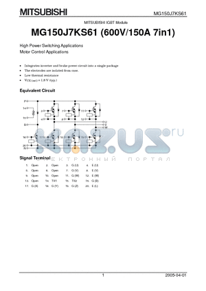 MG150J7KS61 datasheet - High Power Switching Applications Motor Control Applications