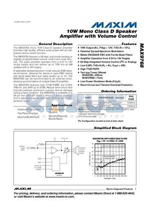 MAX9768BETG datasheet - 10W Mono Class D Speaker Amplifier with Volume Control