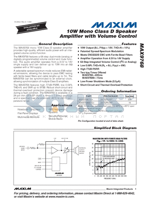 MAX9768BETG+ datasheet - 10W Mono Class D Speaker Amplifier with Volume Control