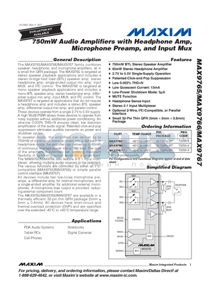 MAX9765 datasheet - 750mW Audio Amplifiers with Headphone Amp, Microphone Preamp, and Input Mux