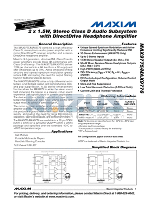 MAX9775 datasheet - 2 x 1.5W, Stereo Class D Audio Subsystem with DirectDrive Headphone Amplifier