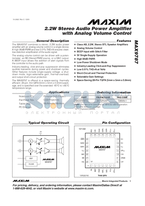 MAX9787 datasheet - 2.2W Stereo Audio Power Amplifier with Analog Volume Control