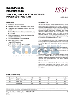 IS61SP25616-133B datasheet - 256K x 16, 256K x 18 SYNCHRONOUS PIPELINED STATIC RAM