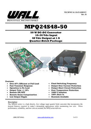 MPQ24S48-50 datasheet - 50 W DC-DC Converter 10-36 Vdc Input 48 Vdc Output at 1 A Quarter-Brick Package