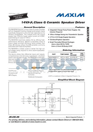 MAX9788ETI+ datasheet - 14VP-P,Class G Ceramic Speaker Driver