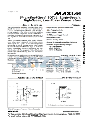 MAX978EEE datasheet - Single/Dual/Quad, SOT23, Single-Supply, High-Speed, Low-Power Comparators