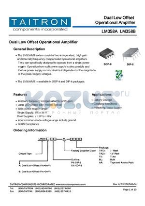 LM358BP8-XX-BL datasheet - Dual Low Offset Operational Amplifier