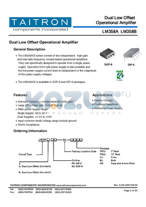 LM358BS8-XX-AR datasheet - Dual Low Offset Operational Amplifier