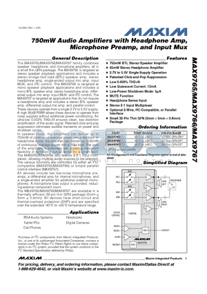 MAX9767ETJ datasheet - 750mW Audio Amplifiers with Headphone Amp, Microphone Preamp, and Input Mux