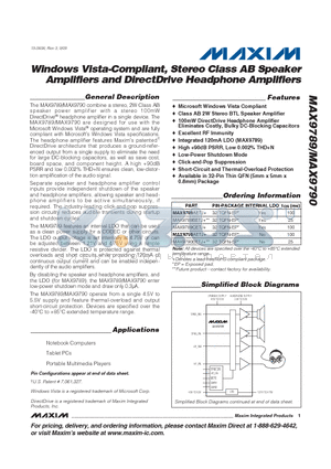 MAX9789AETJ+ datasheet - Windows Vista-Compliant, Stereo Class AB Speaker Amplifiers and DirectDrive Headphone Amplifiers