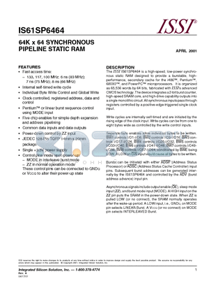 IS61SP6464-100PQ datasheet - 64K x 64 SYNCHRONOUS PIPELINE STATIC RAM