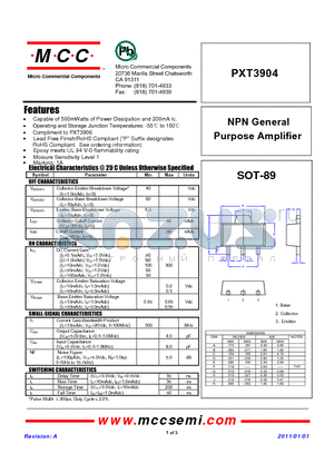 PXT3904 datasheet - NPN General Purpose Amplifier