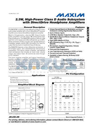 MAX9796 datasheet - 2.3W, High-Power Class D Audio Subsystem with DirectDrive Headphone Amplifiers