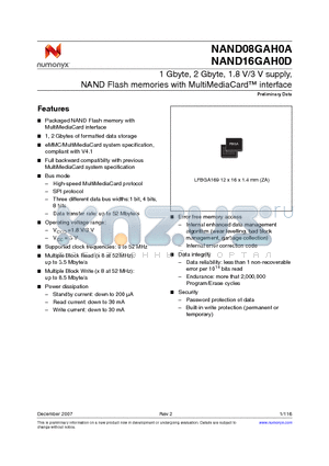 NAND08GAH0DZA5E datasheet - 1 Gbyte, 2 Gbyte, 1.8 V/3 V supply, NAND Flash memories with MultiMediaCard interface