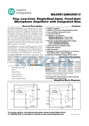 MAX9812 datasheet - Tiny, Low-Cost, Single/Dual-Input, Fixed-Gain Microphone Amplifiers with Integrated Bias