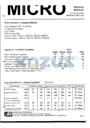 MG231A datasheet - 0.3 DUAL DIGIT NUMERIC DISPLAYS