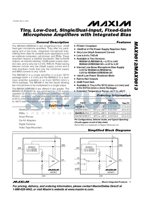 MAX9813LEKA-T datasheet - Tiny, Low-Cost, Single/Dual-Input, Fixed-Gain Microphone Amplifiers with Integrated Bias