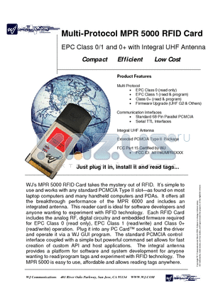 MPR5000 datasheet - EPC Class 0/1 and 0 with Integral UHF Antenna