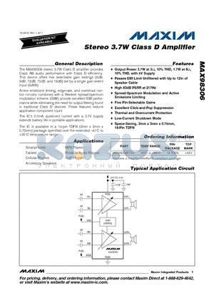 MAX98306ETD+ datasheet - Stereo 3.7W Class D Amplifier