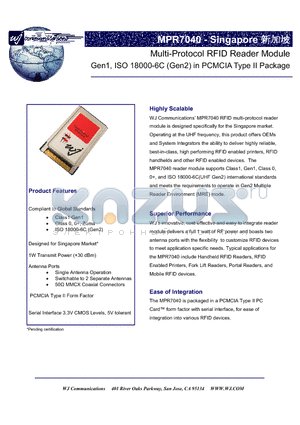 MPR7040 datasheet - Multi-Protocol RFID Reader Module Gen1, ISO 18000-6C (Gen2) in PCMCIA Type II Package