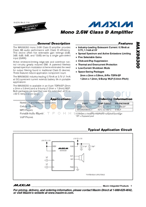 MAX98300 datasheet - Mono 2.6W Class D Amplifier