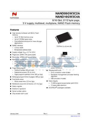 NAND08GW3C2AZL1F datasheet - 8/16 Gbit, 2112 byte page, 3 V supply, multilevel, multiplane, NAND Flash memory