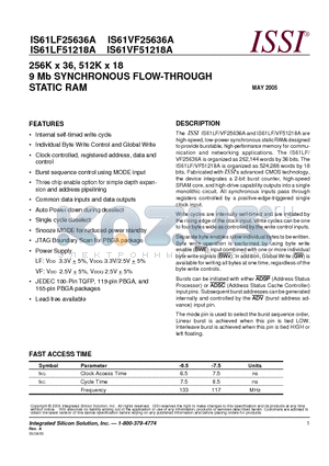 IS61VF25636A-7.5B2 datasheet - 256K x 36, 512K x 18 9 Mb SYNCHRONOUS FLOW-THROUGH STATIC RAM