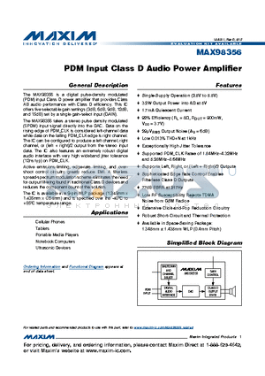 MAX98356EWL+ datasheet - PDM Input Class D Audio Power Amplifier