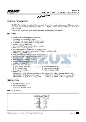 EM84520 datasheet - 2-IN-ONE SCROLLING MOUSE CONTROLLER