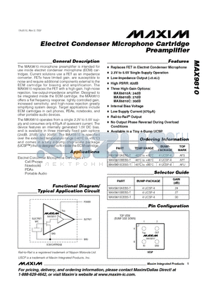 MAX9810AEBS-T datasheet - Electret Condenser Microphone Cartridge Preamplifier