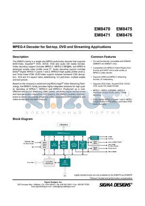 EM8475 datasheet - MPEG - 4 DECODER FOR SET-TOP DVD AND STREAMING APPLICATIONS