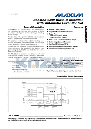 MAX98500 datasheet - Boosted 2.2W Class D Amplifier with Automatic Level Control