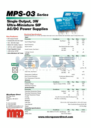 MPS-03S-12 datasheet - Single Output, 3W Ultra-Miniature SIP AC/DC Power Supplies