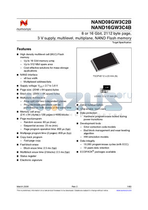 NAND08GW3C4BZL6F datasheet - 8 or 16 Gbit, 2112 byte page, 3 V supply, multilevel, multiplane, NAND Flash memory