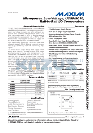 MAX985EUK-T datasheet - Micropower, Low-Voltage, UCSP/SC70, Rail-to-Rail I/O Comparators