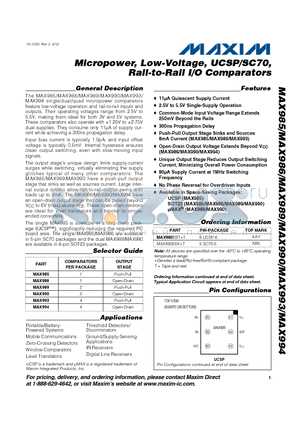 MAX986 datasheet - Micropower, Low-Voltage, UCSP/SC70, Rail-to-Rail I/O Comparators