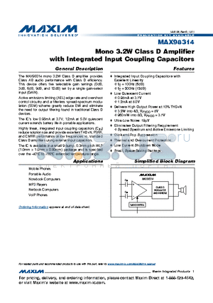 MAX98314_1111 datasheet - Mono 3.2W Class D Amplifier with Integrated Input Coupling Capacitors