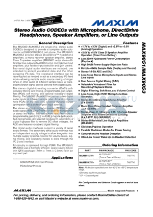 MAX9851 datasheet - Stereo Audio CODECs with Microphone, DirectDrive Headphones, Speaker Amplifiers, or Line Outputs
