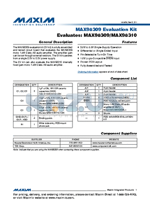 MAX98309EWL datasheet - Mono 1.4W Class AB Audio Amplifiers 2.5V to 5.5V Supply Operation