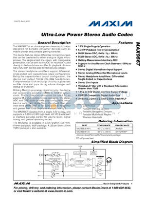 MAX9867_1006 datasheet - Ultra-Low Power Stereo Audio Codec