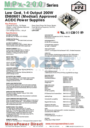 MPS-200-15 datasheet - Low Cost, 1-4 Output 200W EN60601 (Medical) Approved AC/DC Power Supplies