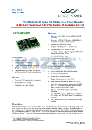 HW005A0F1-SZ datasheet - 18-36Vdc & 36-75Vdc Input; 1.0V-5Vdc Output; 4A - 6A Output Current