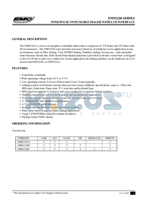 EM91220 datasheet - TONE/PULSE SWITCHABLE DIALER WITH LCD INTERFACE